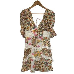 Floral Ruffle Mini Dress with Lace Details